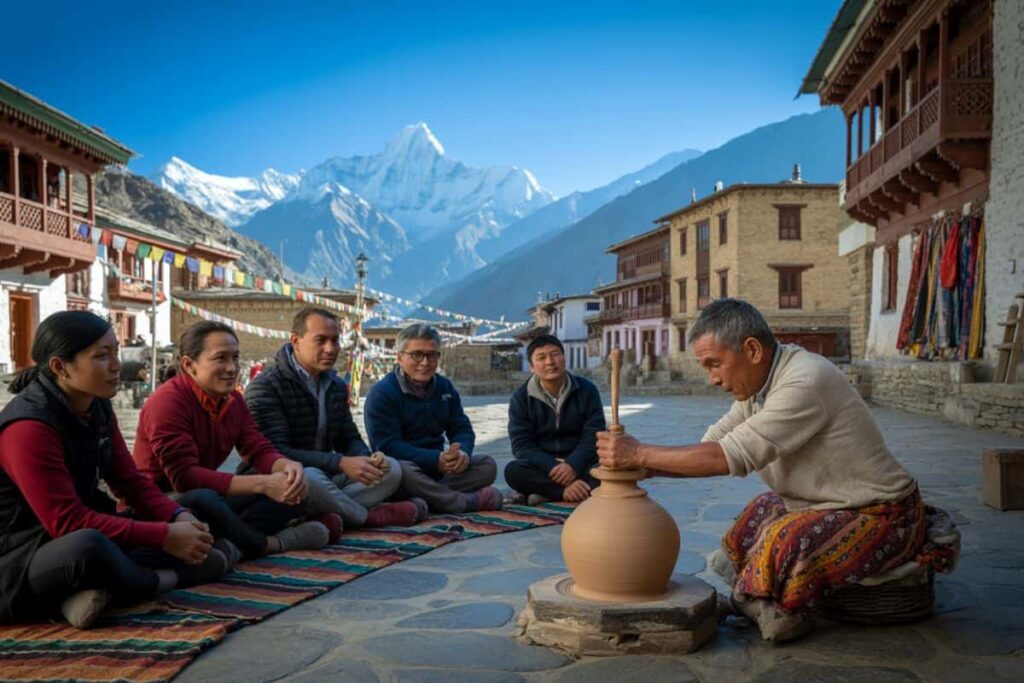 A potter shapes a clay pot on a spinning wheel while a group sits on a colorful rug in a mountain village.