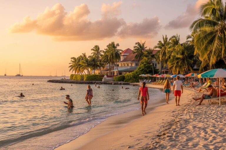 Sunset beach scene with palm trees, people walking near the shoreline and umbrellas by a resort area in the distance.