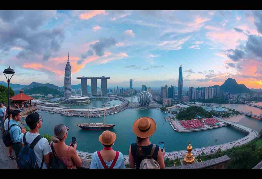 Panoramic view of Singapore's Marina Bay skyline at sunset, seen from a viewing deck with tourists, including Marina Bay Sands and the domed gardens by the bay.