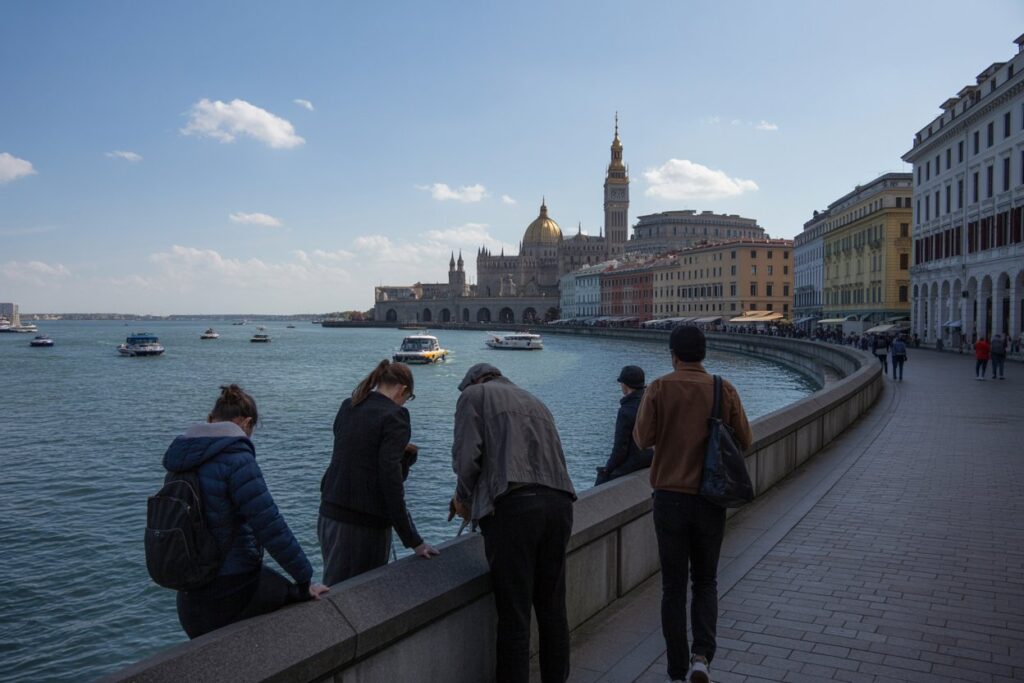 Tourists leaning on a stone railing along a Venice waterfront, with San Giorgio Maggiore church and colorful buildings across the lagoon.