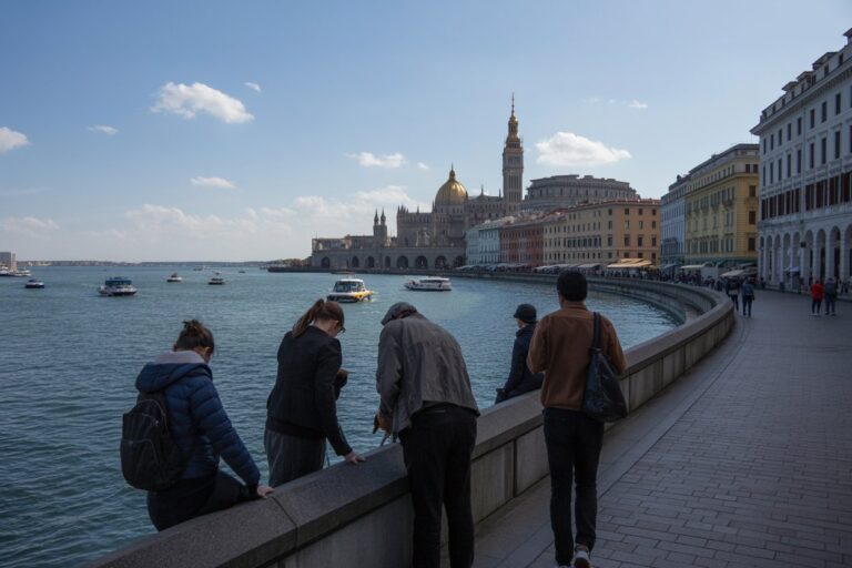 Tourists leaning on a stone railing along a Venice waterfront, with San Giorgio Maggiore church and colorful buildings across the lagoon.