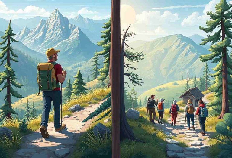 Hiker with a yellow-and-green backpack walks along a rocky mountain trail as a group of trekkers approaches a wooden cabin in a sunlit valley.