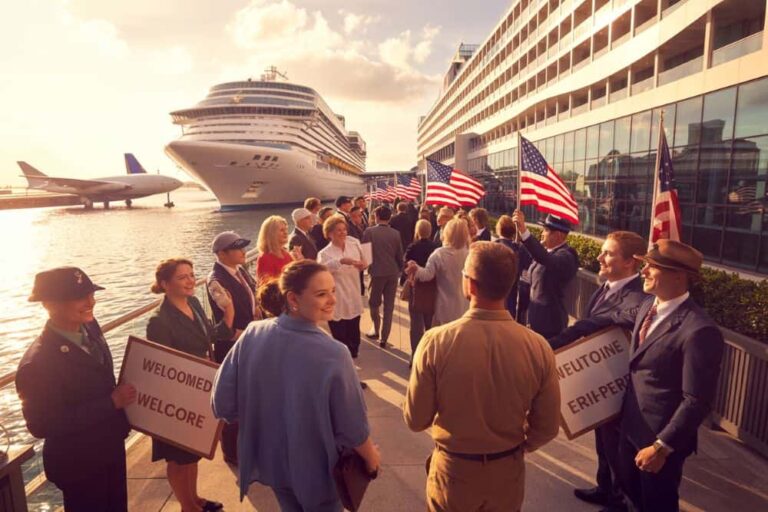 Crowd of people on a dock waving American flags as a large cruise ship sits at a terminal.