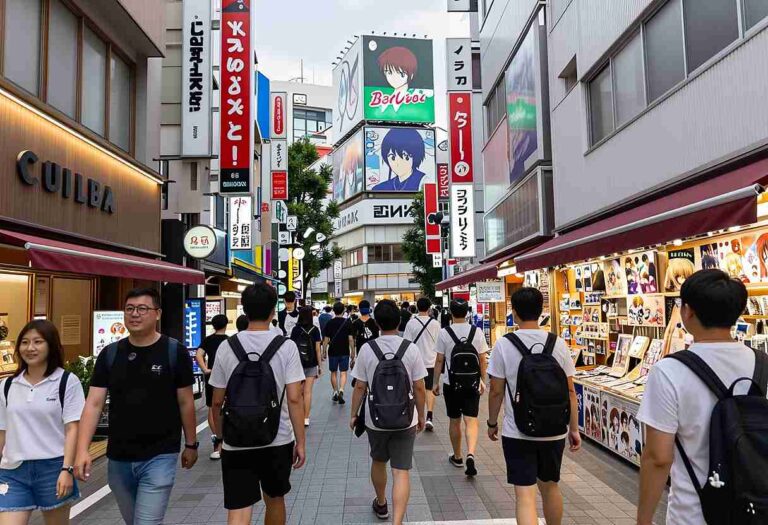 Busy shopping street in Japan with pedestrians wearing backpacks, storefronts, and large colorful signs overhead