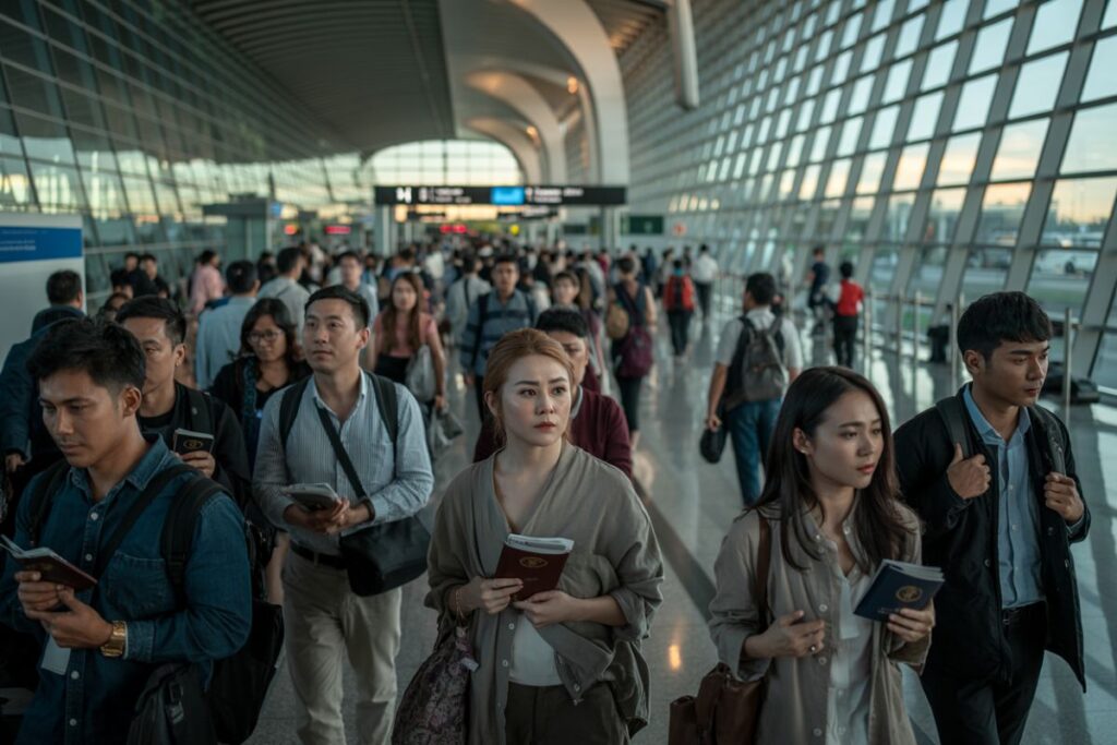 Crowded airport terminal with travelers walking, many carrying bags, backpacks, and documents like passports or tickets.