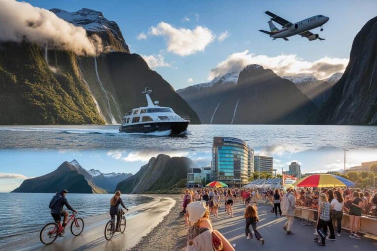 Split-scene: a fjord with a yacht and an airplane overhead, and a sunny seaside promenade with people, bikes, and colorful umbrellas.
