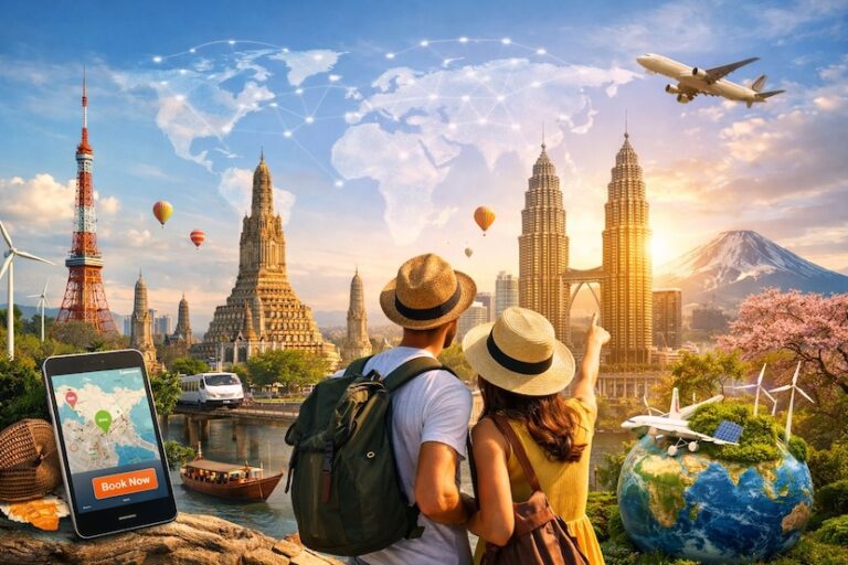 Couple of travelers wearing hats with backpacks, looking at a skyline of iconic towers, an airplane overhead, and a globe with a map on a phone screen in the foreground.