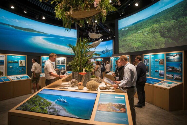 Visitors study brochures at a coastal exhibit with wide ocean panoramas on curved screens and a central display of plants and shells on a table.