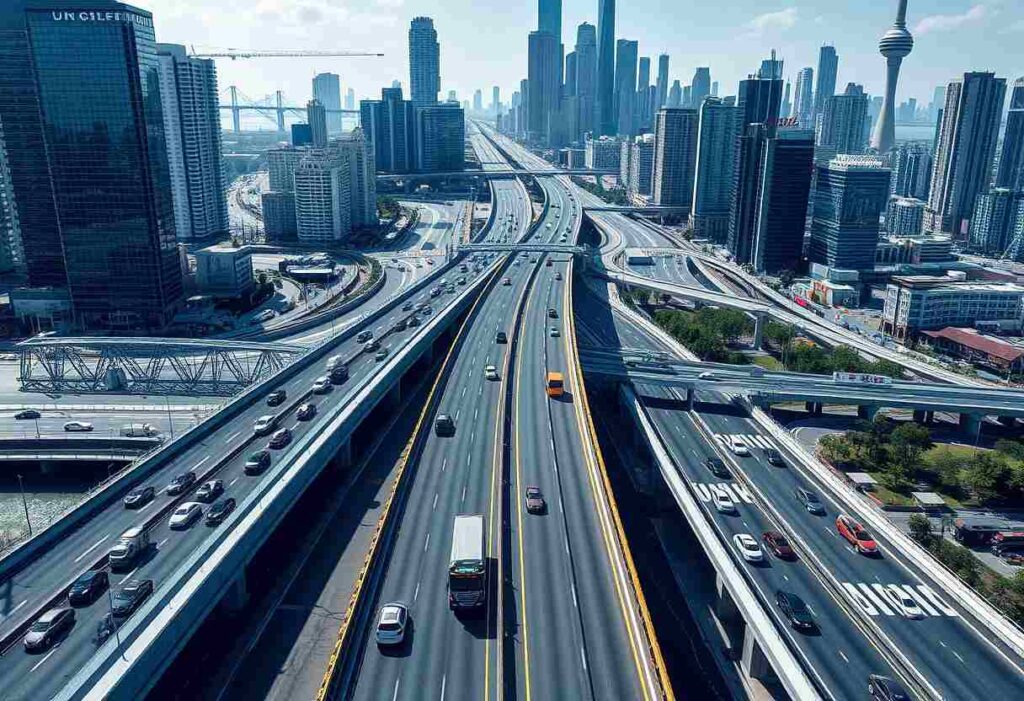 A complex elevated highway interchange in a dense city, with skyscrapers in the background and cars on the roads.