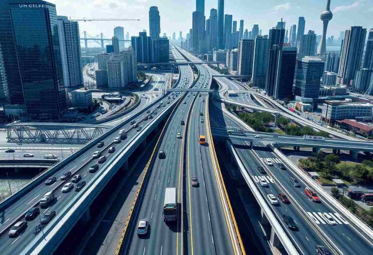 A complex elevated highway interchange in a dense city, with skyscrapers in the background and cars on the roads.