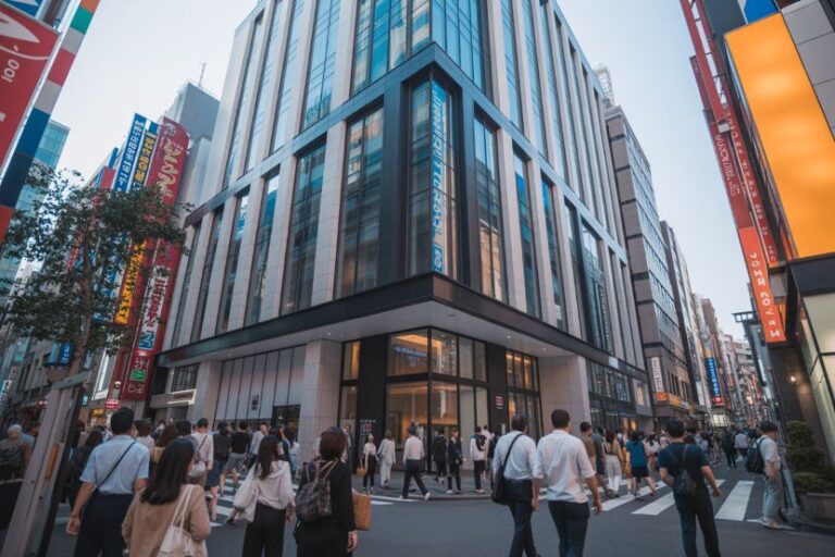 Busy city street with a tall glass building and pedestrians crossing at a crosswalk near storefronts and signs.