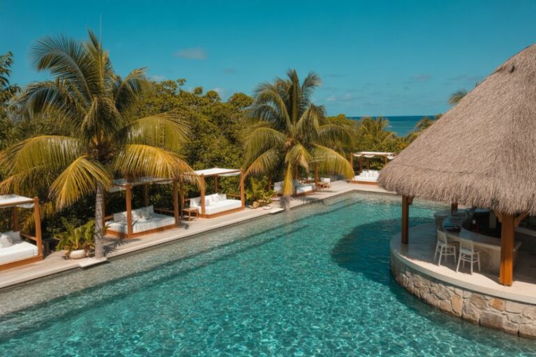 Tropical resort pool lined with palm trees and cabanas, with a thatched bar on the right and the ocean in the distance.
