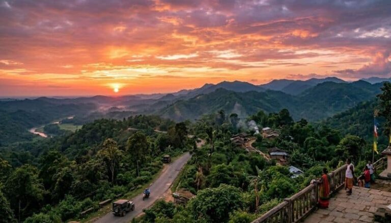 Sunset over a mountain valley with a winding road, dense greenery, and villagers at a viewpoint along a railing.