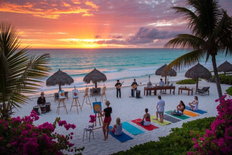 Sunset beach scene with a live band playing for a small group doing yoga on colorful mats along the shoreline.