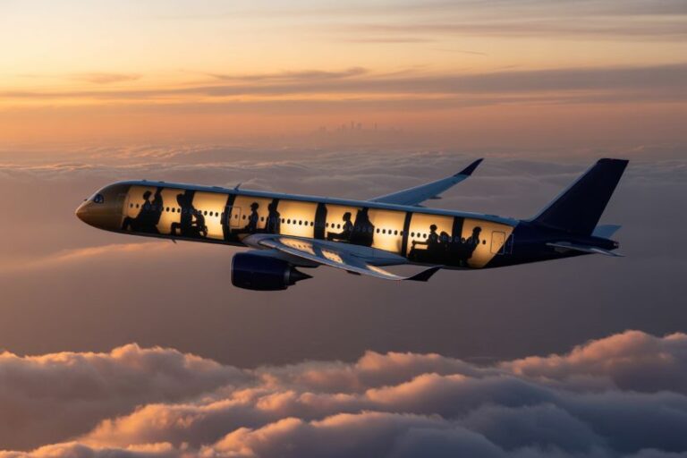 Airplane flying above orange sunset clouds with silhouettes of passengers visible through the cabin windows.