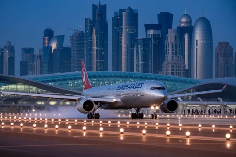 Turkish Airlines airplane taxiing on a runway with a modern airport terminal and a city skyline in the background.