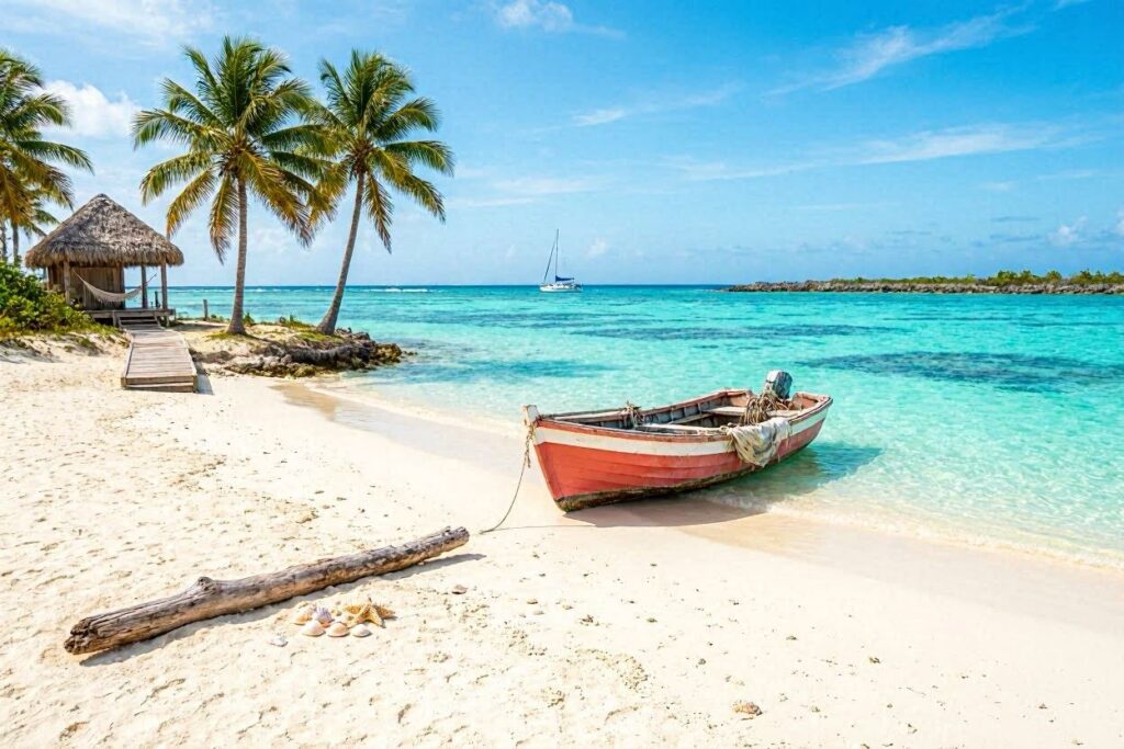 Red wooden boat beached on white sand beside turquoise tropical water, with palm trees and a thatched hut in the background.