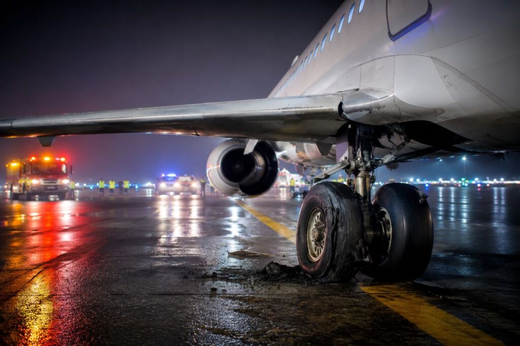 Airplane on a wet tarmac at night with damaged main landing gear; emergency vehicles and personnel with flashing lights in the background.