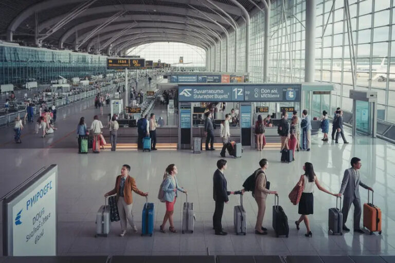 Travelers with rolling suitcases line up in a spacious airport terminal near a check-in area and large glass walls.