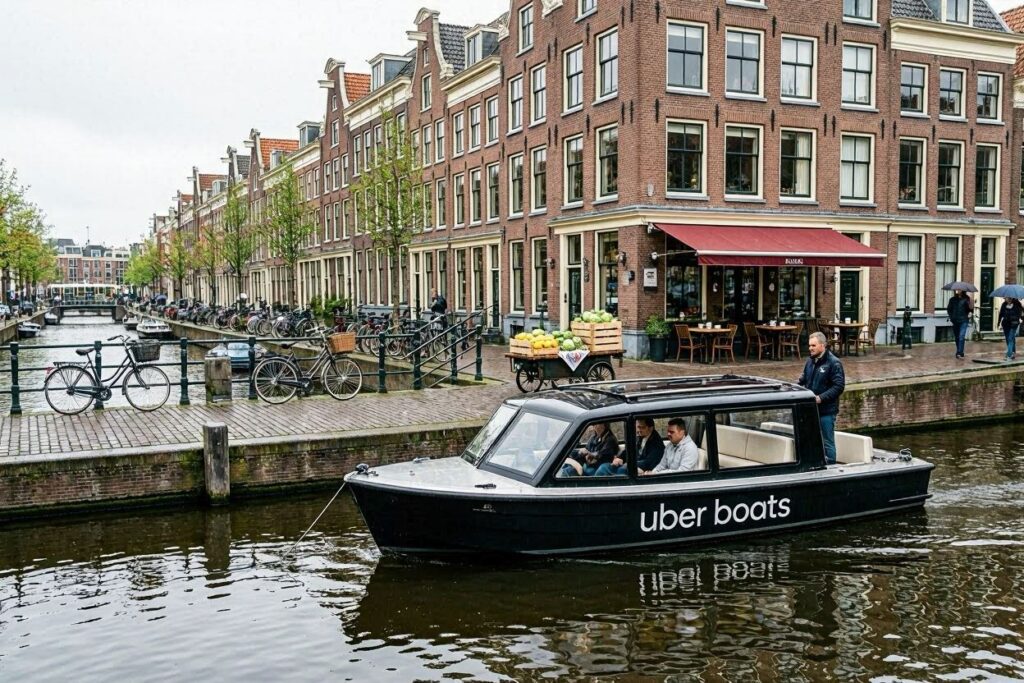 Black Uber Boats vessel gliding along a canal beside brick townhouses and a cafe with a red awning in Amsterdam.
