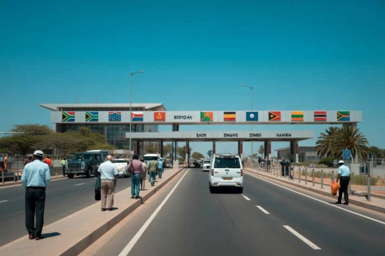Border crossing plaza with multiple national flags along the roof, cars and pedestrians approach the checkpoint on a divided road.