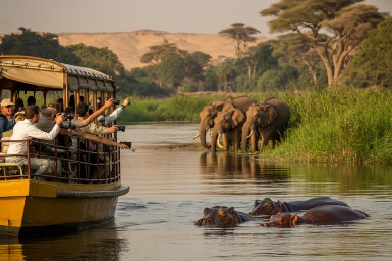 Tourists on a yellow boat taking photos of elephants crossing a river by grassy banks at dusk.