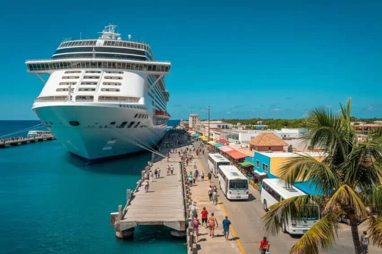 Large cruise ship docked at a sunny port, with a busy pier and colorful buildings nearby.