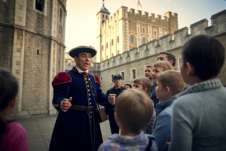 Tour guide in period costume speaks to a group of children outside a castle wall.",