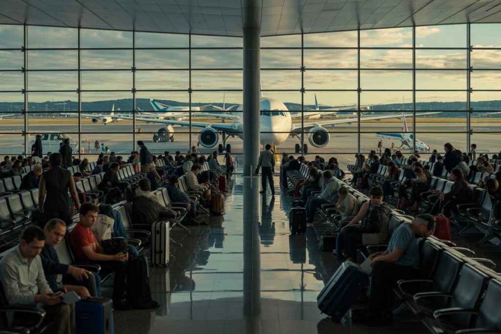 People wait in a bright airport terminal gate area with rows of seats and large windows showing an airplane on the tarmac outside. The scene is busy with travelers and luggage scattered along the seating area.