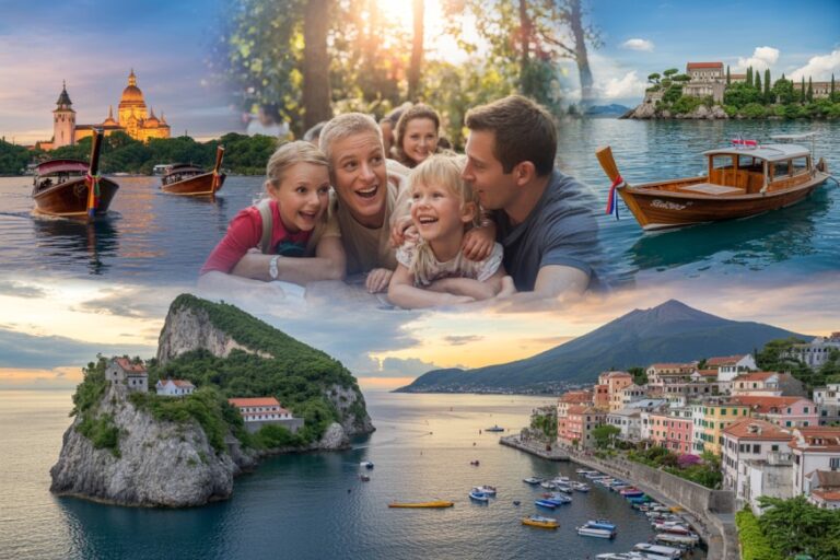 Happy family of four smiling together in a vacation collage with boats and a scenic lakeside/coastal backdrop in the background.