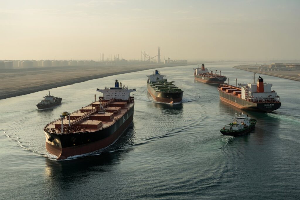 Aerial view of several large cargo ships sailing in a busy canal with an industrial port in the hazy background.