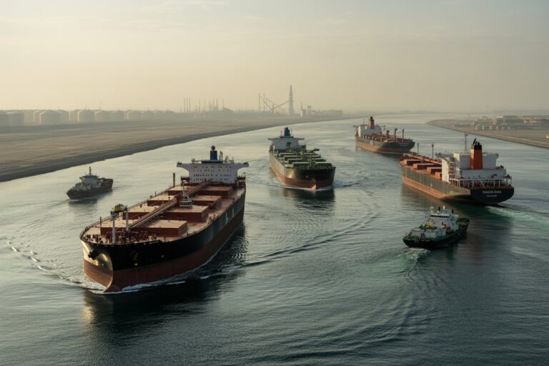 Multiple large cargo ships and tugboats sail through a wide industrial channel near a port, with storage tanks visible in the hazy distance.