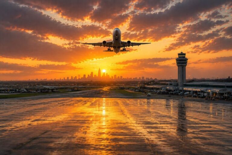 Airplane lifting off from a wet runway at sunset, with the airport terminal and control tower on the right and a city skyline in the distance.