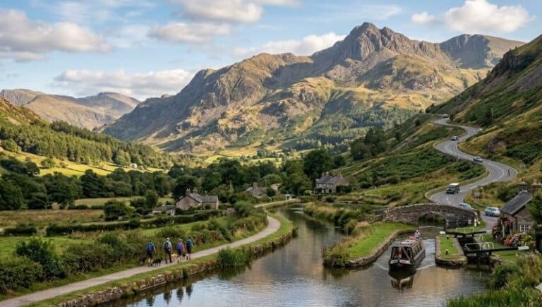 Scenic valley with a winding river, stone cottages, and a boat on the canal; hikers walk a riverside path with mountains in the distance.