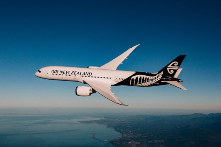 Air New Zealand Boeing aircraft in clear blue sky during flight over coastline and hills, branding visible on fuselage and tail