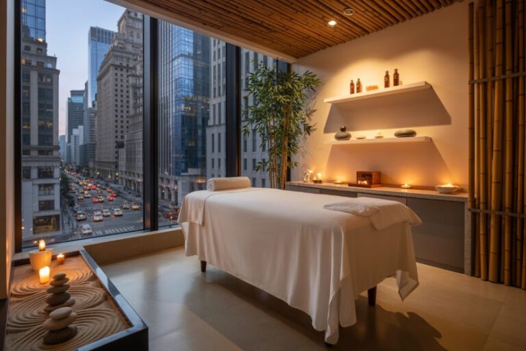 Spa treatment room with a massage table, warm lighting, and a city skyline view through large windows.