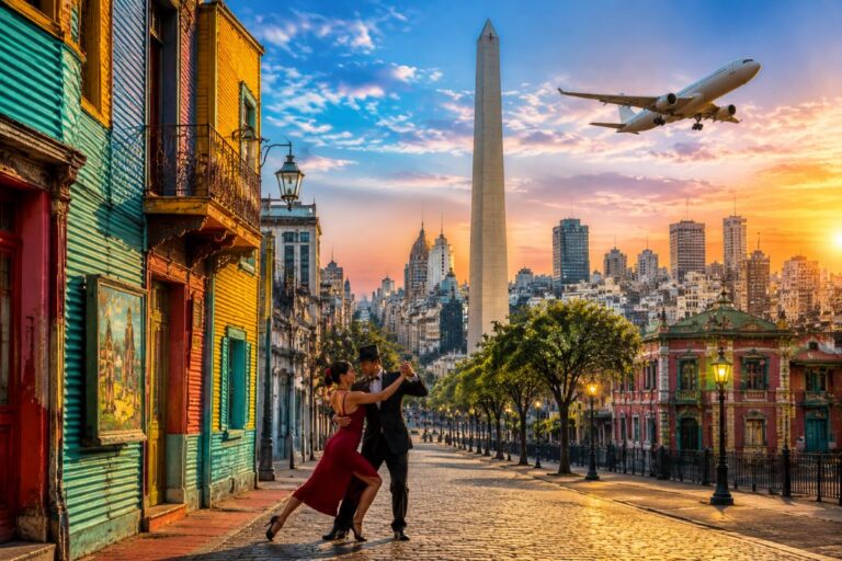 Couple dancing tango on a cobblestone street of colorful houses at sunset with the Buenos Aires Obelisk in the background.