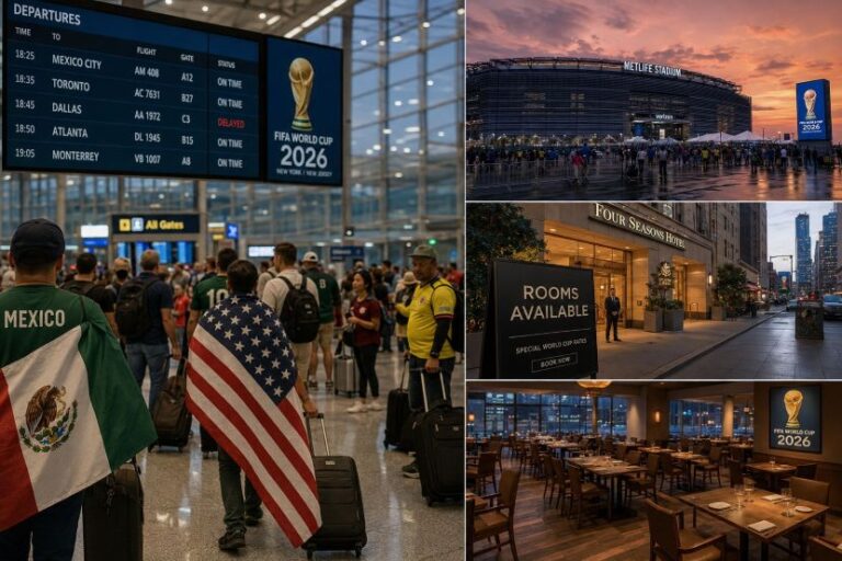 Busy airport terminal with passengers and luggage, a departures board, and flags of Mexico and the United States.