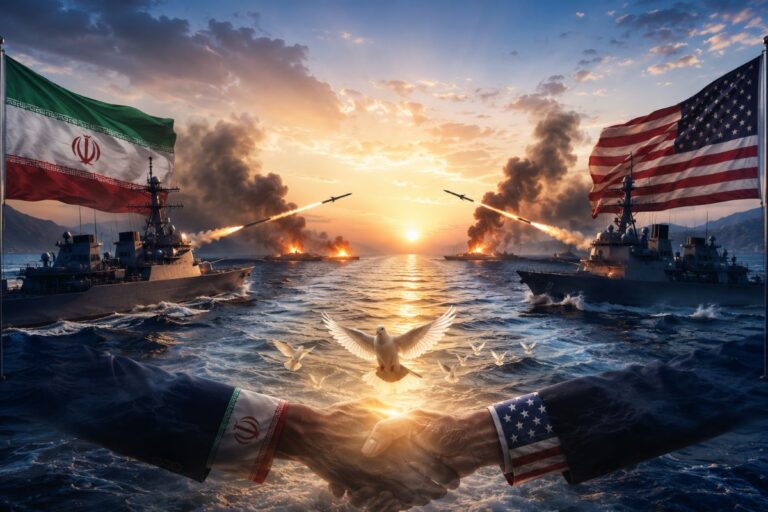 Iranian and American flag-bearing hands clasp in a handshake over the sea as two warships fire missiles at sunset, with doves in flight nearby.