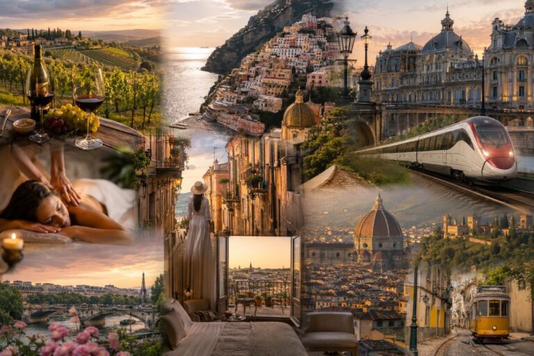Collage of European travel scenes: spa massage, wine glasses, hillside village, cathedral, train, and sunset cityscape.