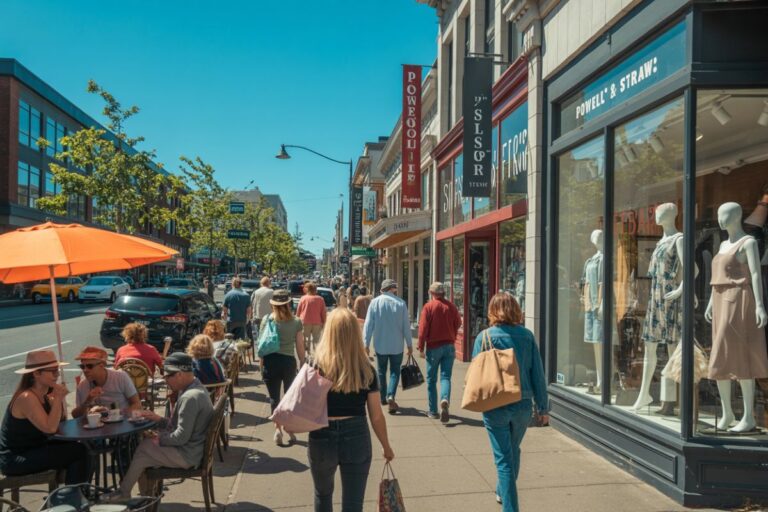 Busy city street with pedestrians walking; outdoor cafe seating under an orange umbrella on the left and shop windows with mannequins on the right.