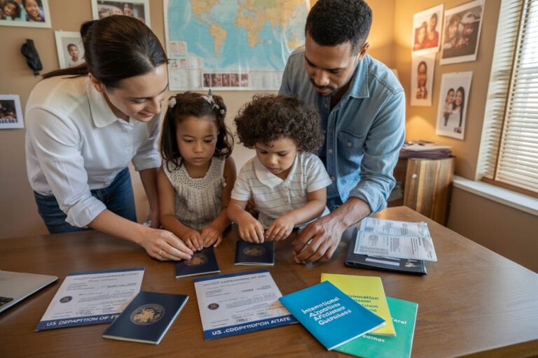 A family of four at a table reviewing passports and travel documents together for a trip.