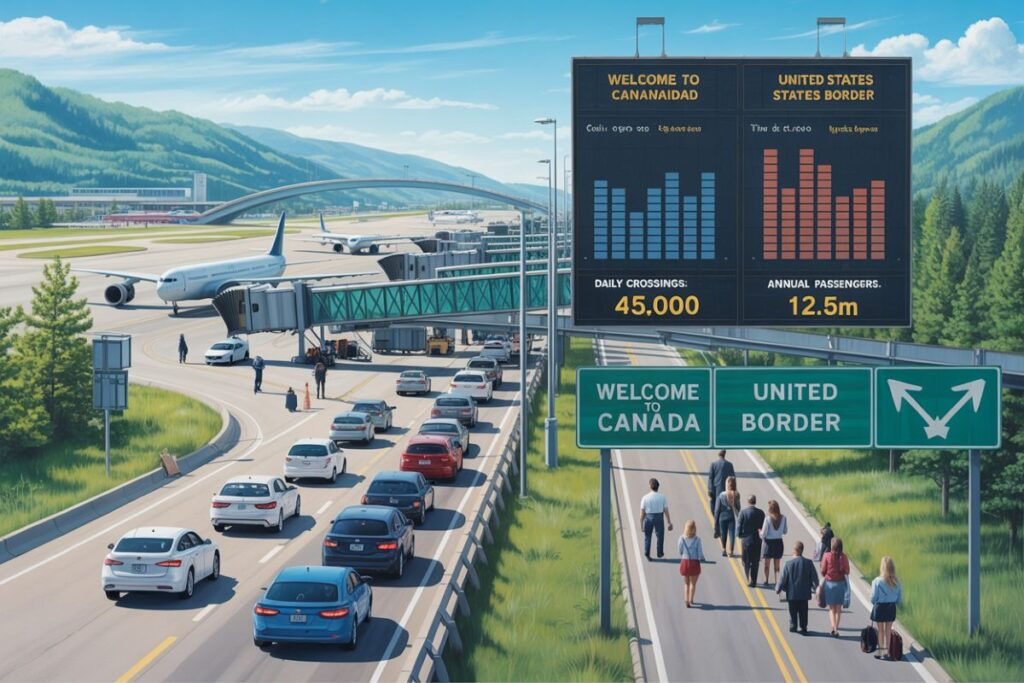 Border crossing scene with cars and pedestrians under green signs reading Welcome to Canada and United Border at the US-Canada border.