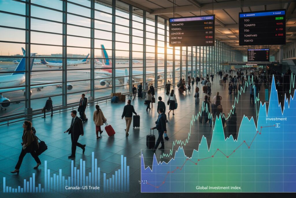 Busy international airport terminal with travelers and planes outside; translucent financial charts show a rising Global Investment index and trade data.