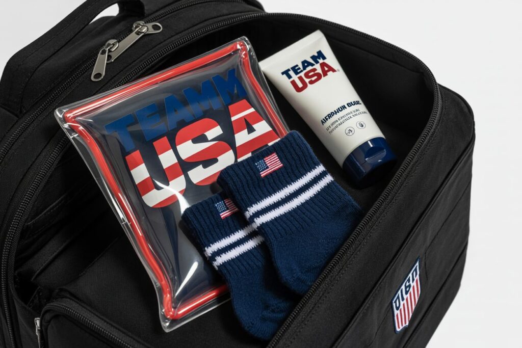 Open black backpack with Team USA gear: a red‑blue zipper pouch, navy striped socks, and a white Team USA tube inside.