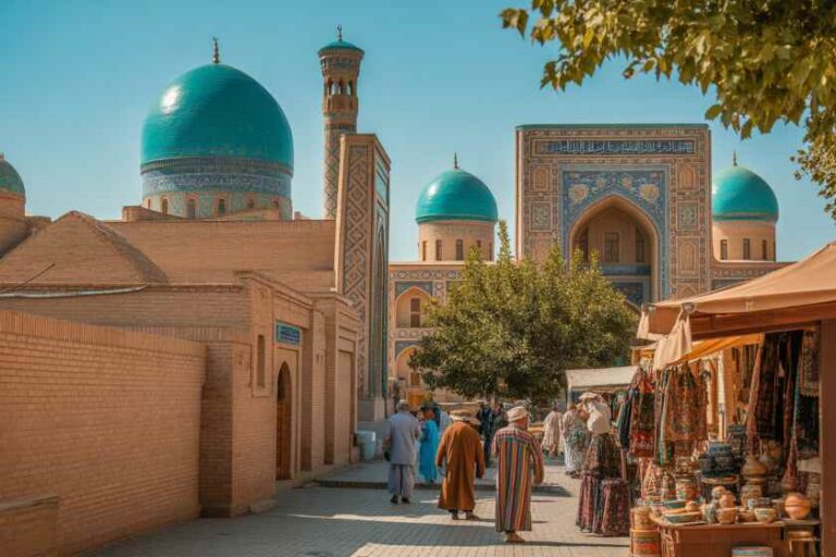 People walk a sunlit bazaar street in front of a mosque with turquoise domes and an ornate arched entrance, stalls on the right selling pottery and textiles.