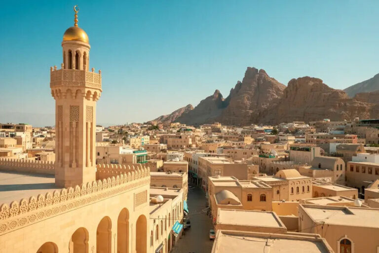 Golden-domed minaret rises above a beige city, with desert mountains in the background and clear blue sky.