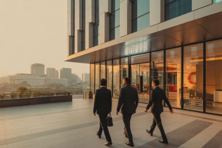 Three suited businesspeople walk toward a modern glass-fronted office building at sunset.