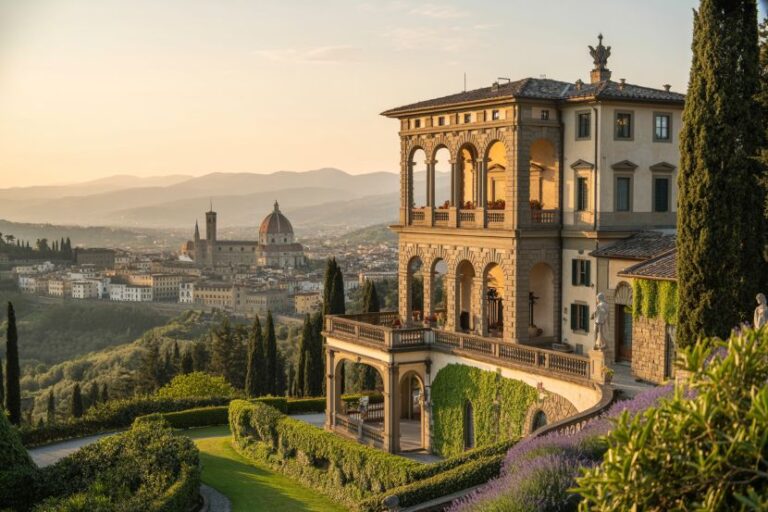 Sunlit hilltop villa with arched balconies overlooking Florence at sunset, with the cathedral dome visible in the distance and manicured gardens in the foreground.