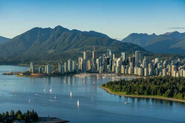 City skyline along a harbor with mountains rising in the distance and sailboats on calm water edges.